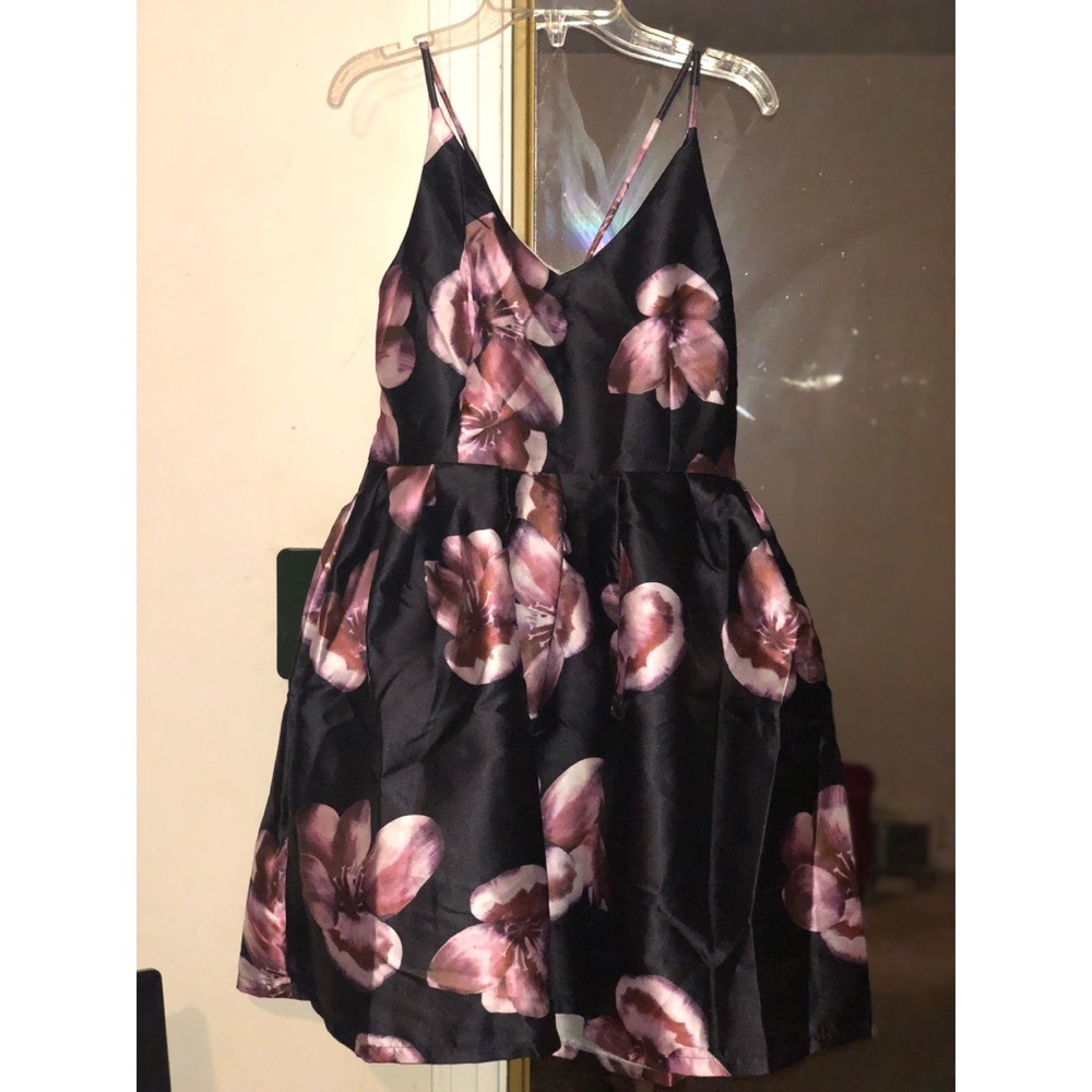 NEW Black fit n flare short dress w/pink flowers.